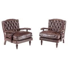 Pair William IV Style Tufted Leather Armchairs
