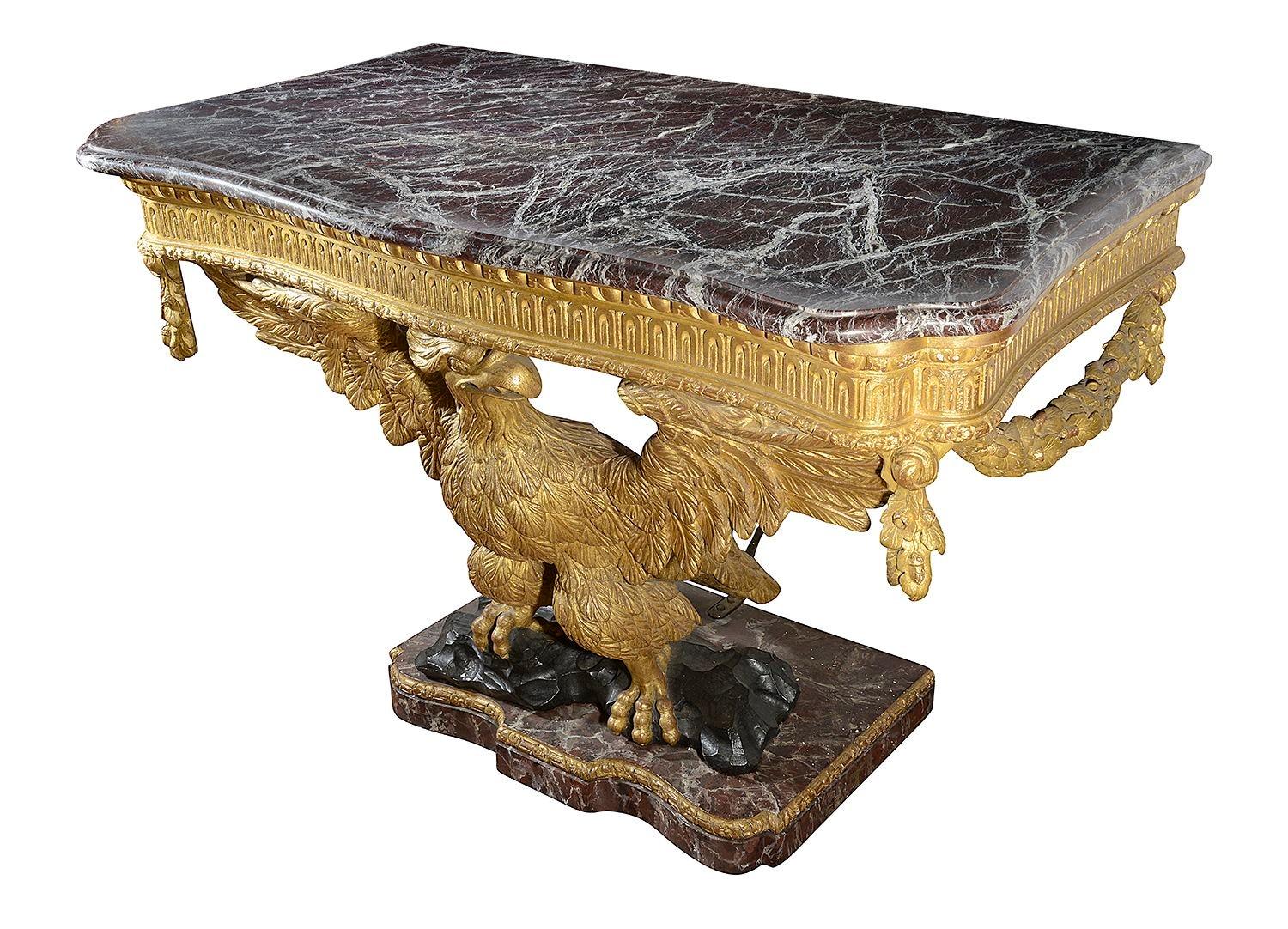 Gilt Pair William Kent style Eagle Console tables, circa 1880 For Sale