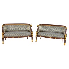 Pair William Switzer French Empire Style Settees Carved Mahogany, 20th Century