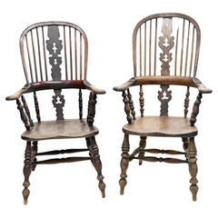 Used Pair Windsor Arm Chairs Oak His and Hers 1860