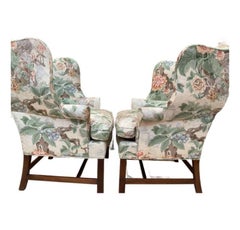 Pair Wing Chairs Newly Upholstered in Lee Jofa Chinese Lantern II in Spring