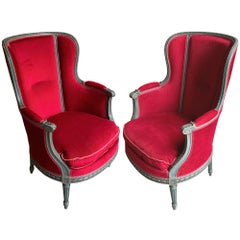Pair of Wingback Armchairs with Ottoman, French Louis XVI Style, Painted Finish