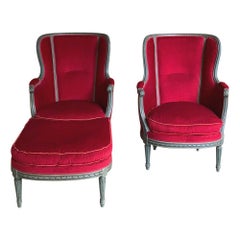 Pair of Wingback Armchairs with Ottoman, French Louis XVI Style, Painted Finish