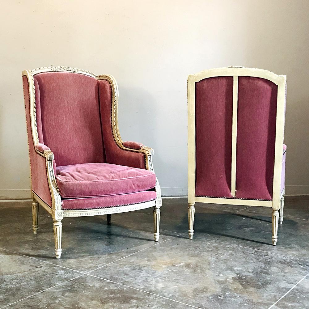 Pair of Wingback Bergères, Antique French Louis XVI Painted 5
