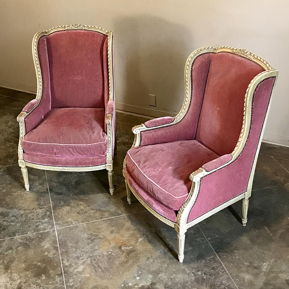 Hand-Carved Pair of Wingback Bergères, Antique French Louis XVI Painted