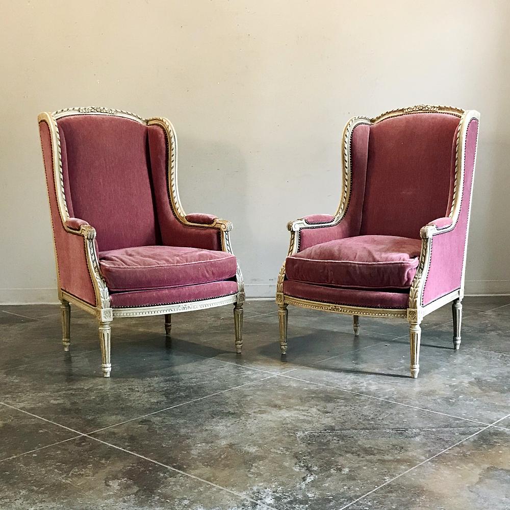 Pair of Wingback Bergères, Antique French Louis XVI Painted In Good Condition In Dallas, TX