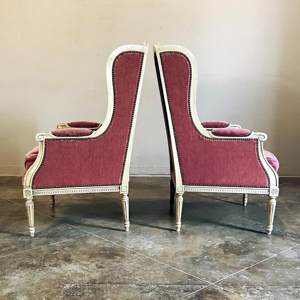 20th Century Pair of Wingback Bergères, Antique French Louis XVI Painted