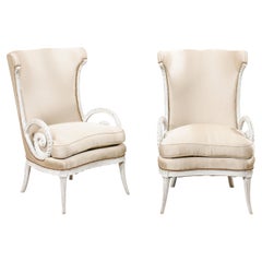 Pair Wingback Chairs with Elaborate Rope-Carved Arms, Newly Upholstered Fabric