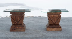 Coppia di tavoli cubici laterali Tiki in Wood Wood e vetro intagliato Sgabelli Rustico-Moderni 1960s