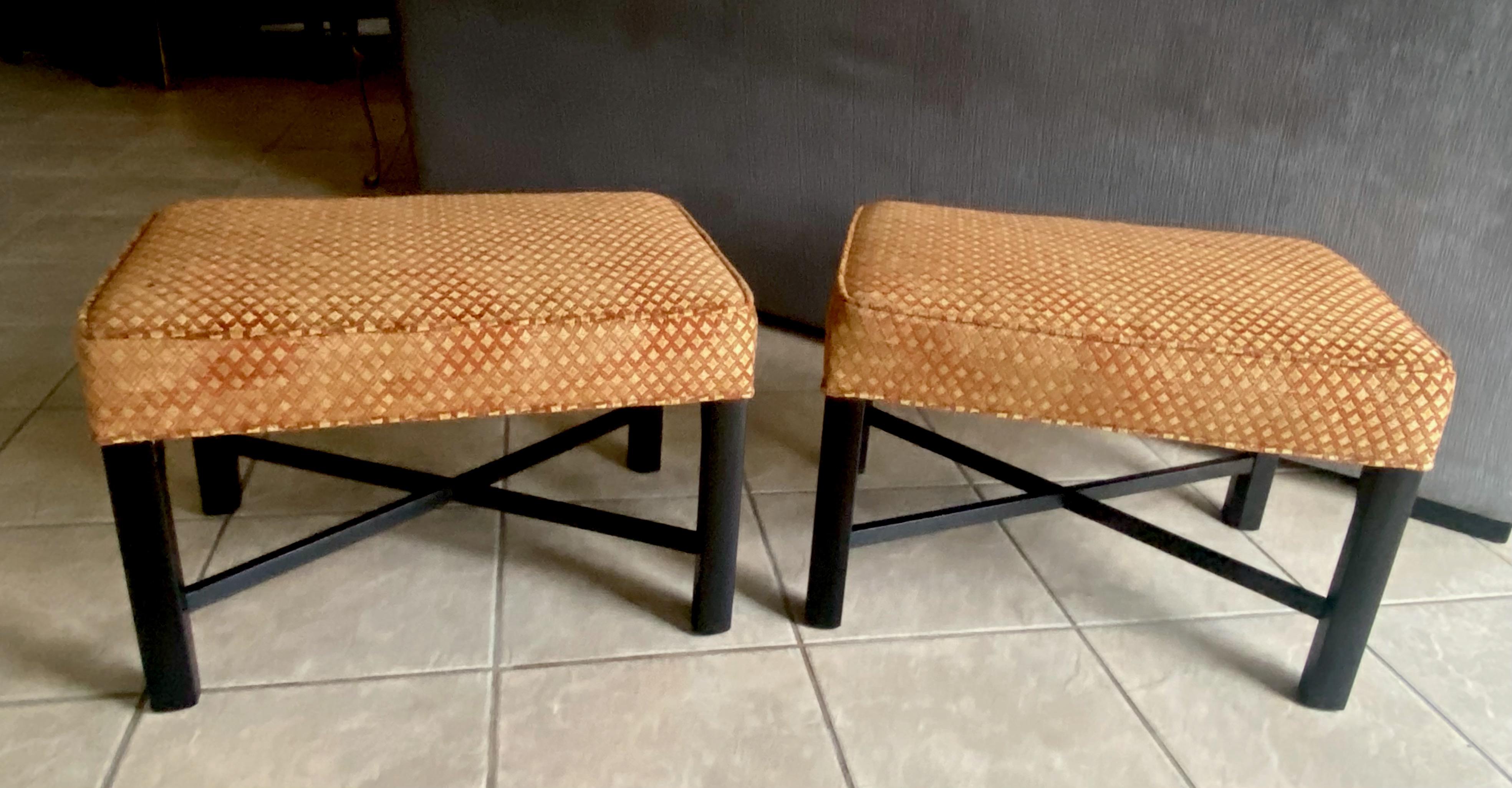 Pair of rectangle shaped benches with semi matte dark brown lacquered X-stretcher bases. Newly covered with burnt orange and gold diamond pattern velvet fabric. The handsome pair fits most decor including modern and traditional.