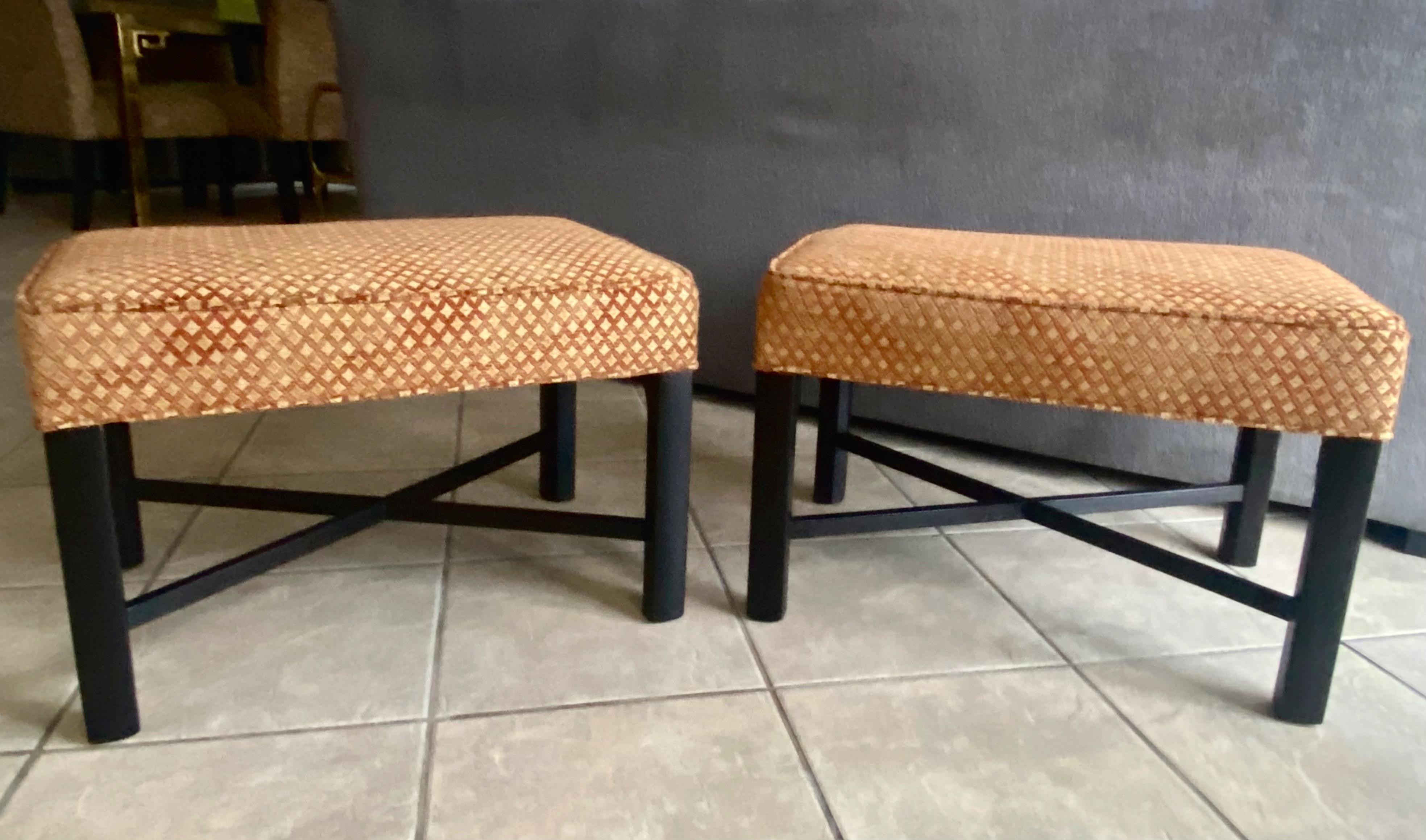 French Pair Wood X-Stretcher Upholster Benches For Sale