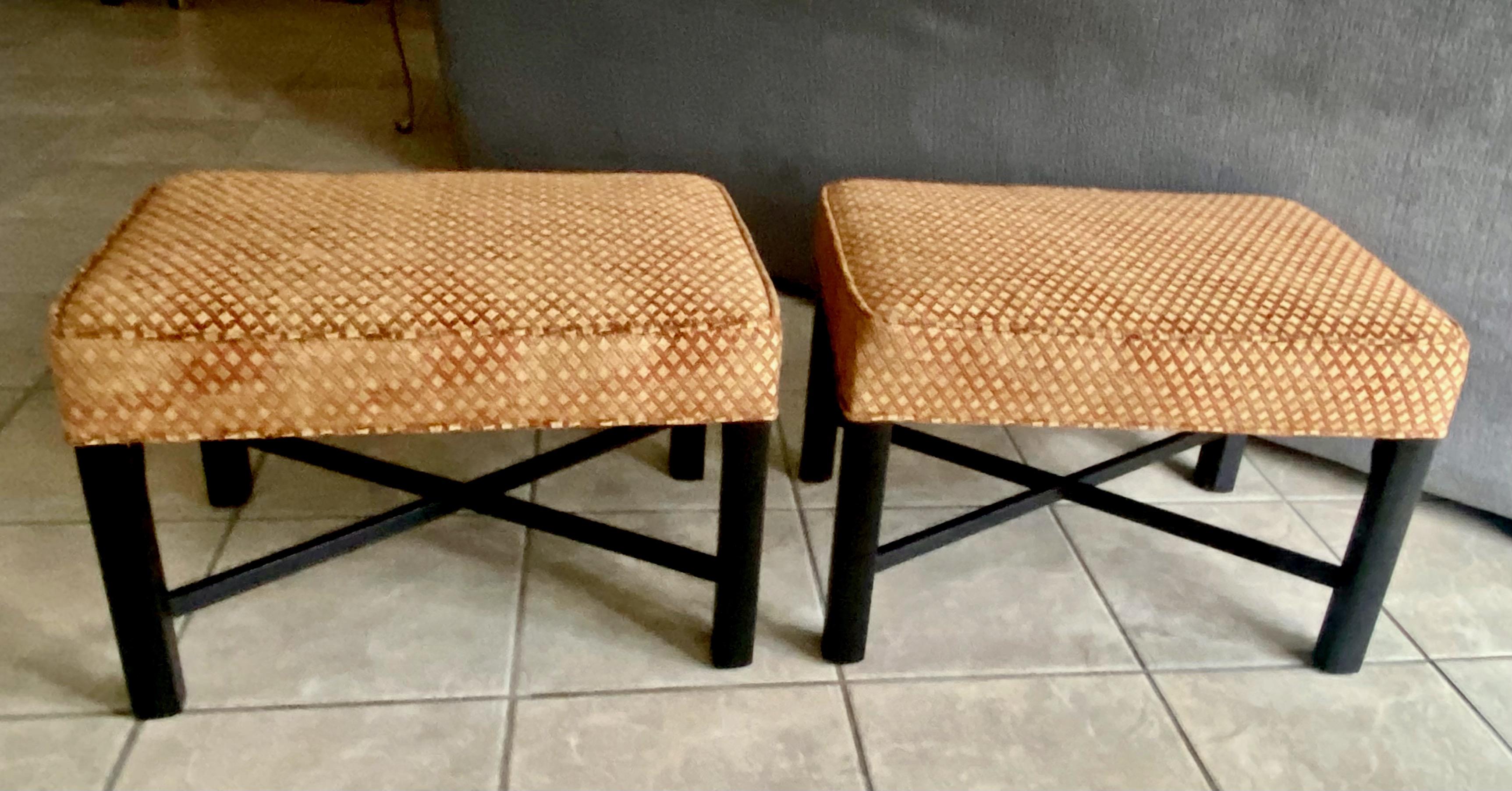 Upholstery Pair Wood X-Stretcher Upholster Benches For Sale