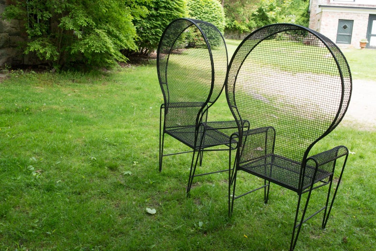 Pair Woodard Wrought Iron Canopy Garden Arm Chairs For Sale 5