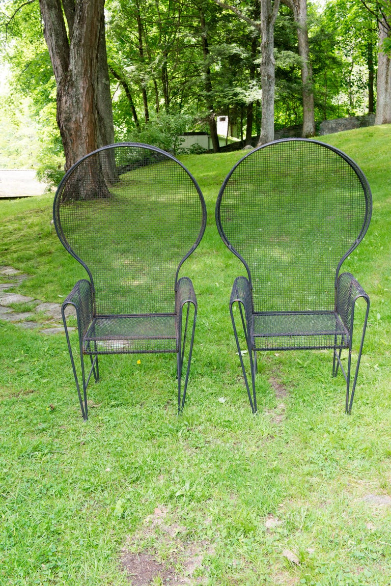 Mid-Century Modern Pair Woodard Wrought Iron Canopy Garden Arm Chairs For Sale