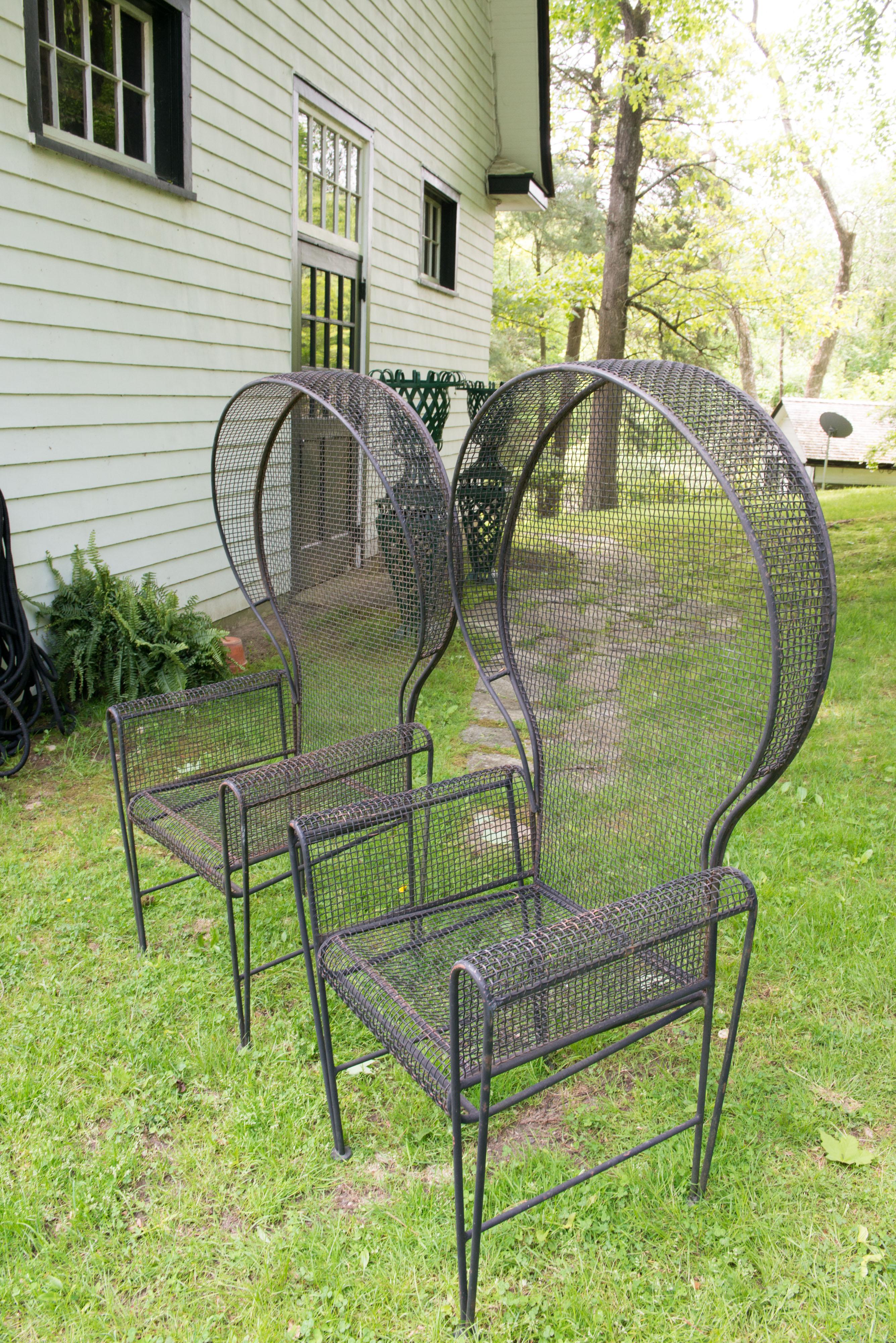 American Pair Woodard Wrought Iron Canopy Garden Arm Chairs
