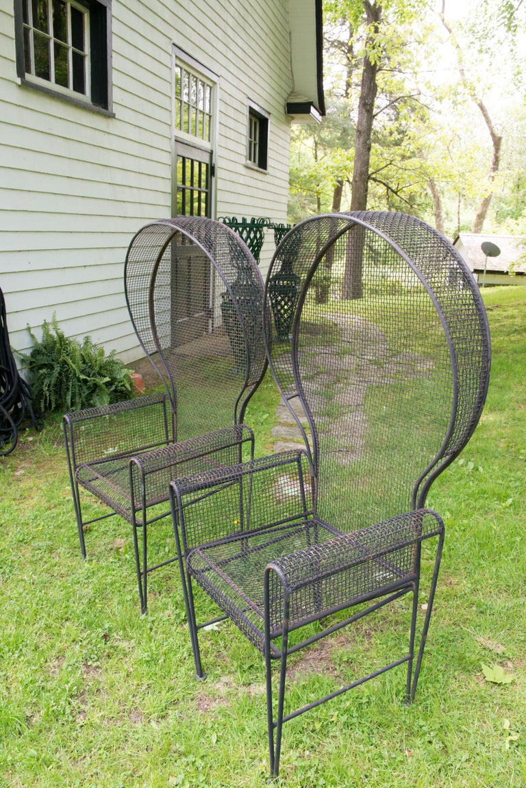 American Pair Woodard Wrought Iron Canopy Garden Arm Chairs For Sale