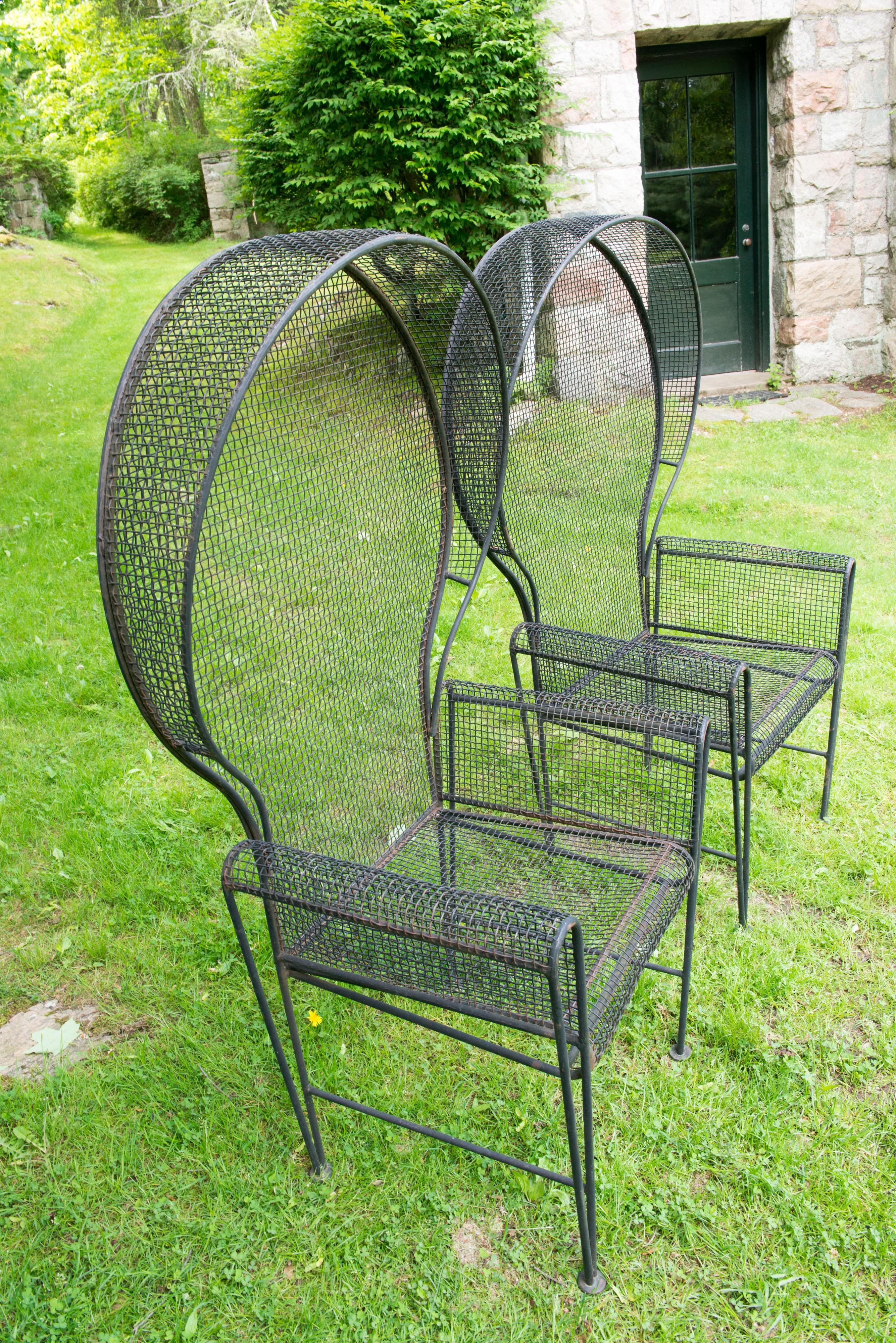Pair Woodard Wrought Iron Canopy Garden Arm Chairs In Good Condition In Stamford, CT