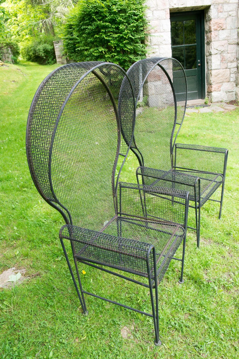 Pair Woodard Wrought Iron Canopy Garden Arm Chairs In Good Condition For Sale In Stamford, CT