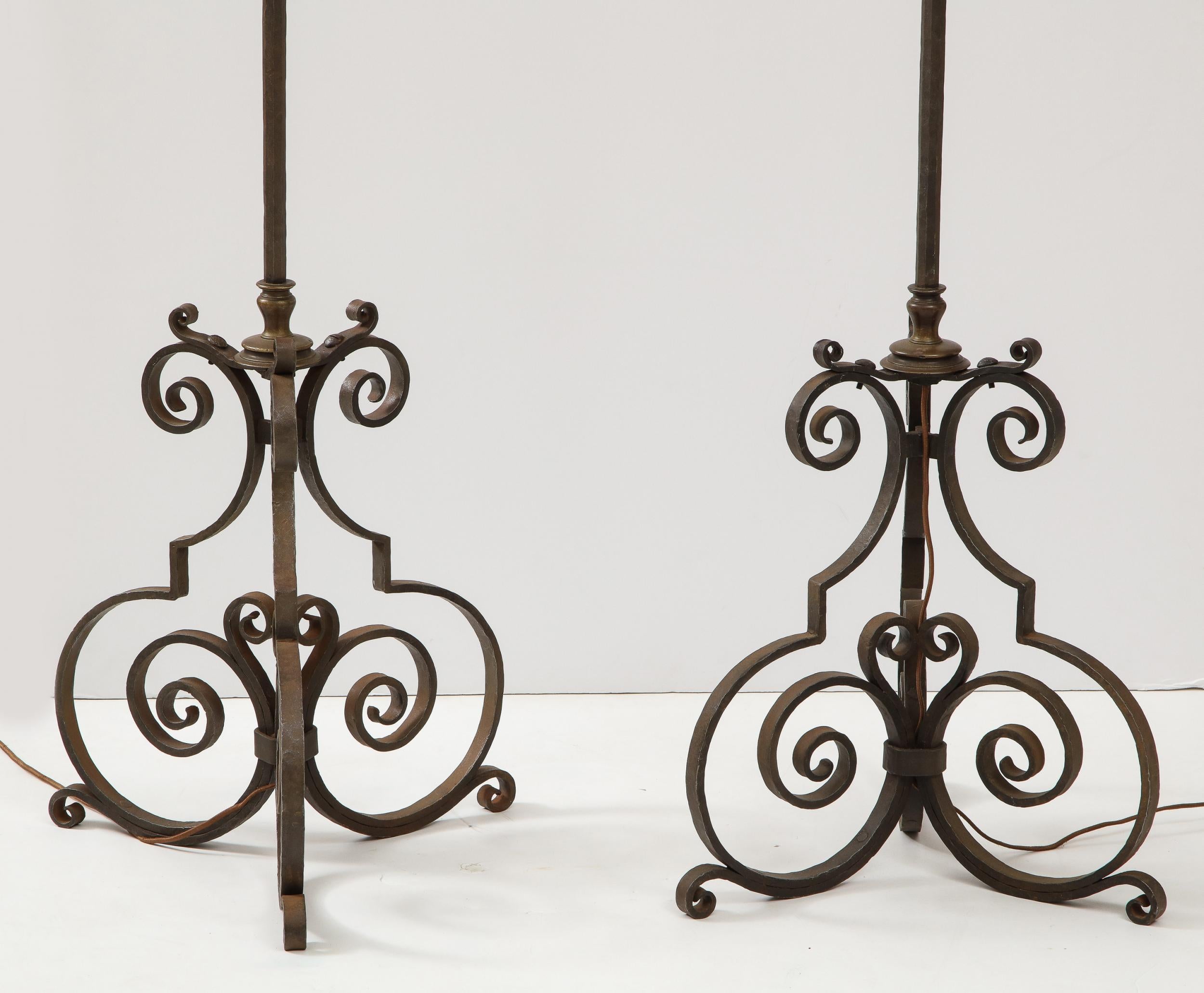 Baroque Pair of Wrought Iron and Brass Floor Lamps