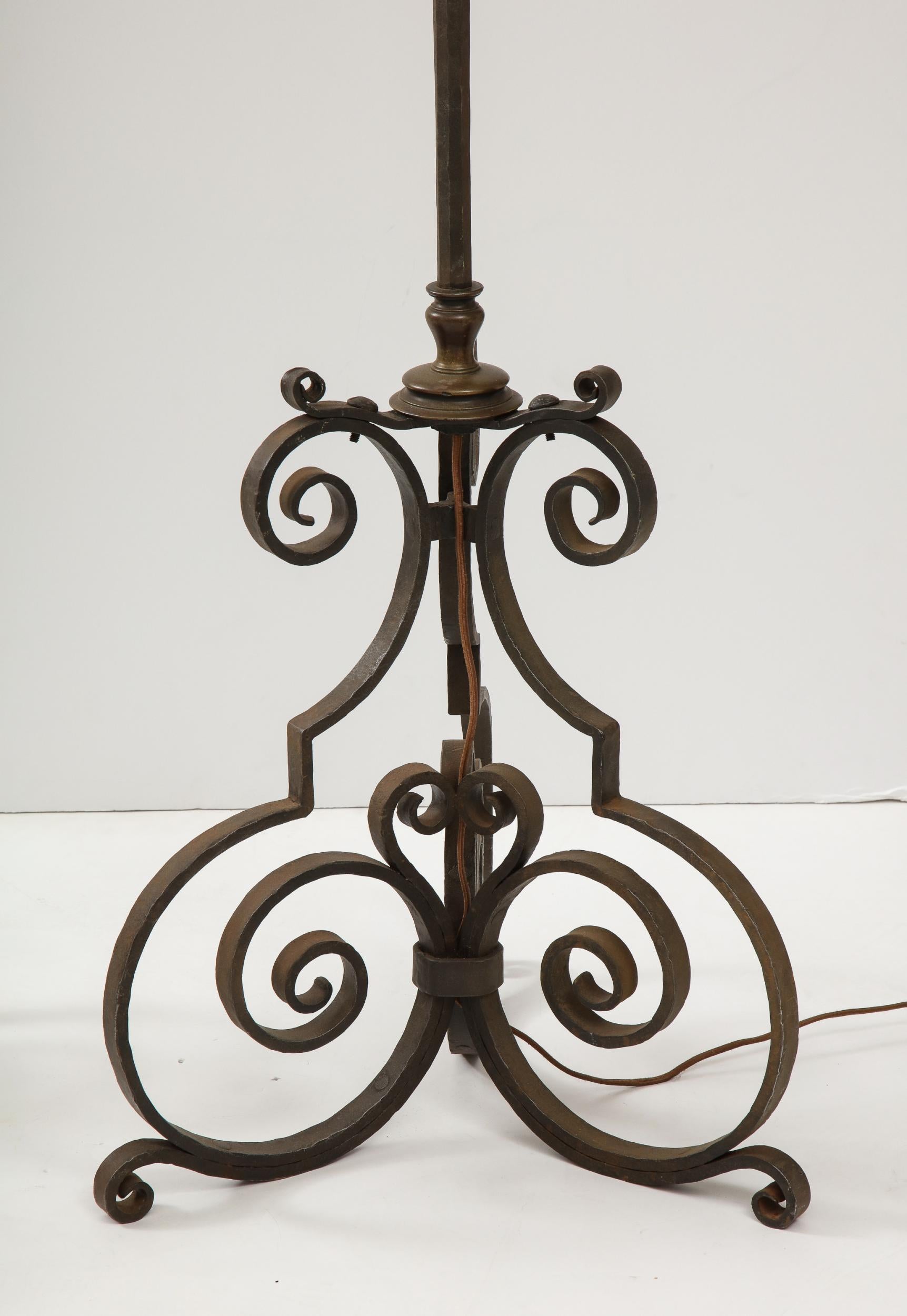 Hammered Pair of Wrought Iron and Brass Floor Lamps