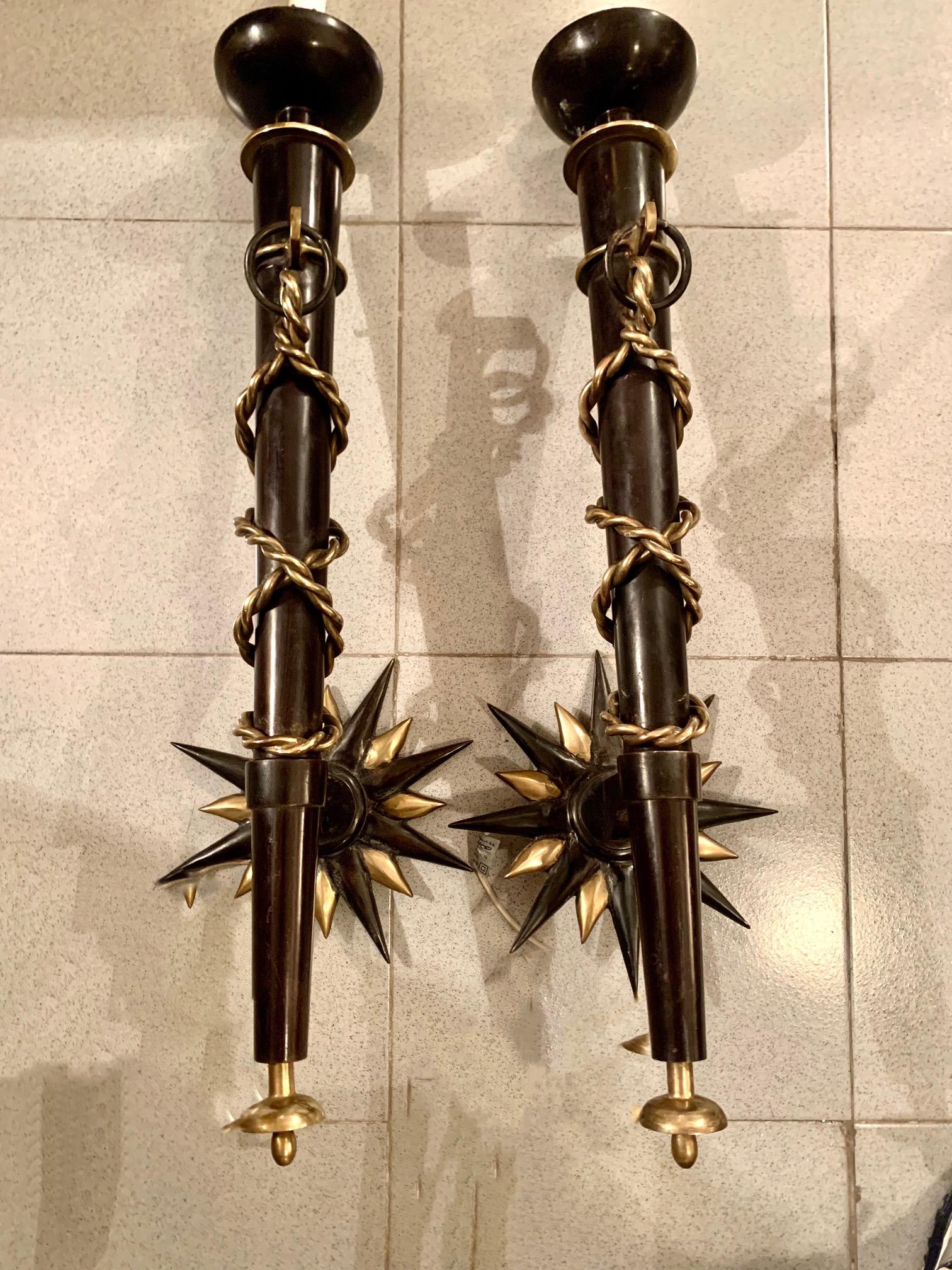 Pair Wrought Iron and Brass Toorchere Wall Sconces 1950 Gilbert Poillerat Style For Sale 7