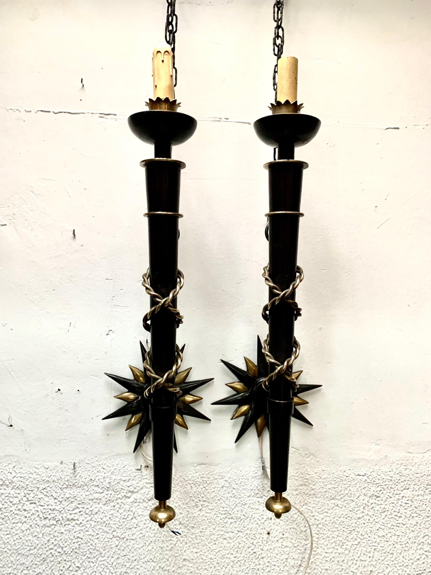 Pair Wrought Iron and Brass Toorchere Wall Sconces 1950 Gilbert Poillerat Style For Sale 8