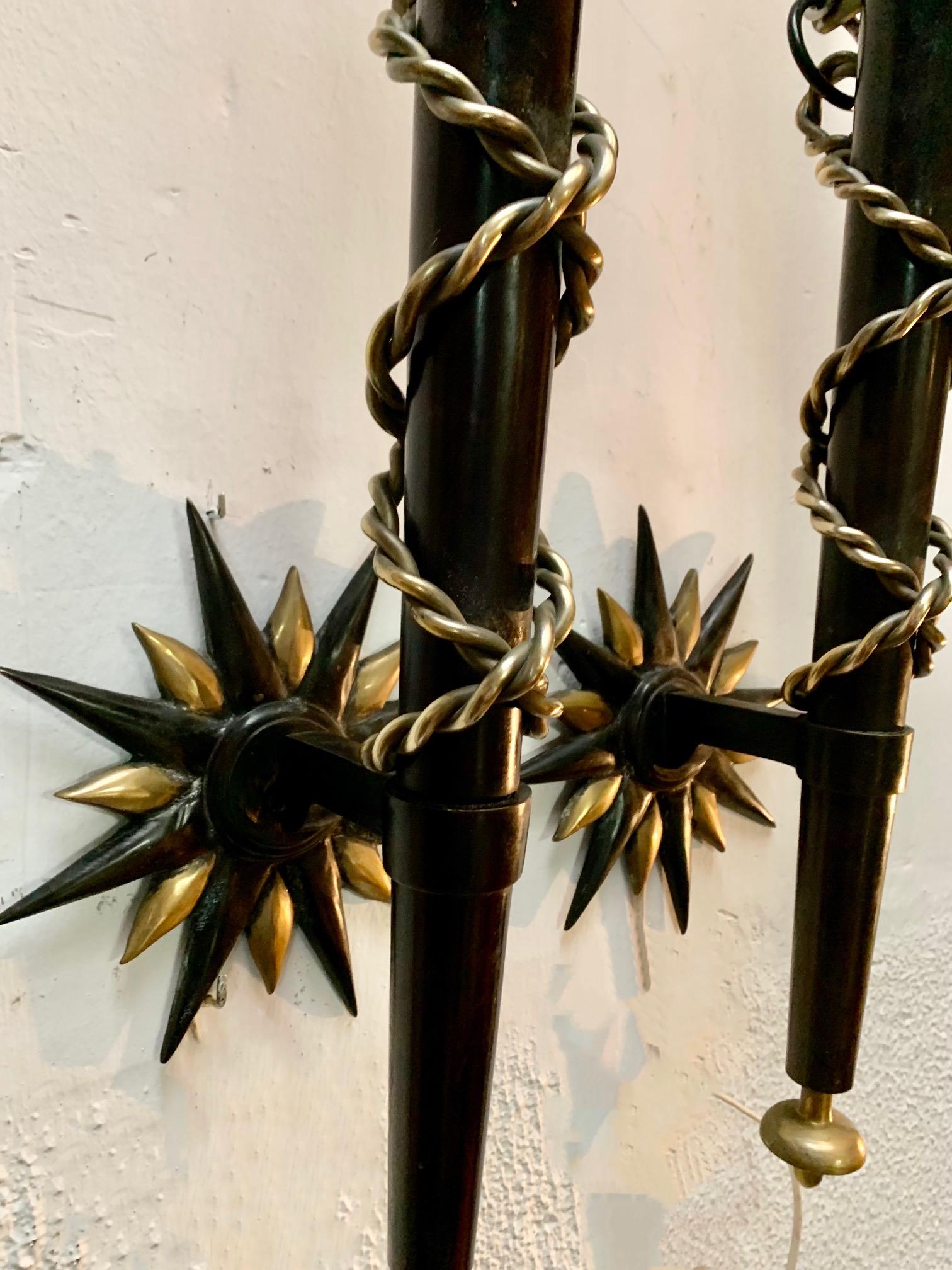Pair Wrought Iron and Brass Toorchere Wall Sconces 1950 Gilbert Poillerat Style For Sale 9