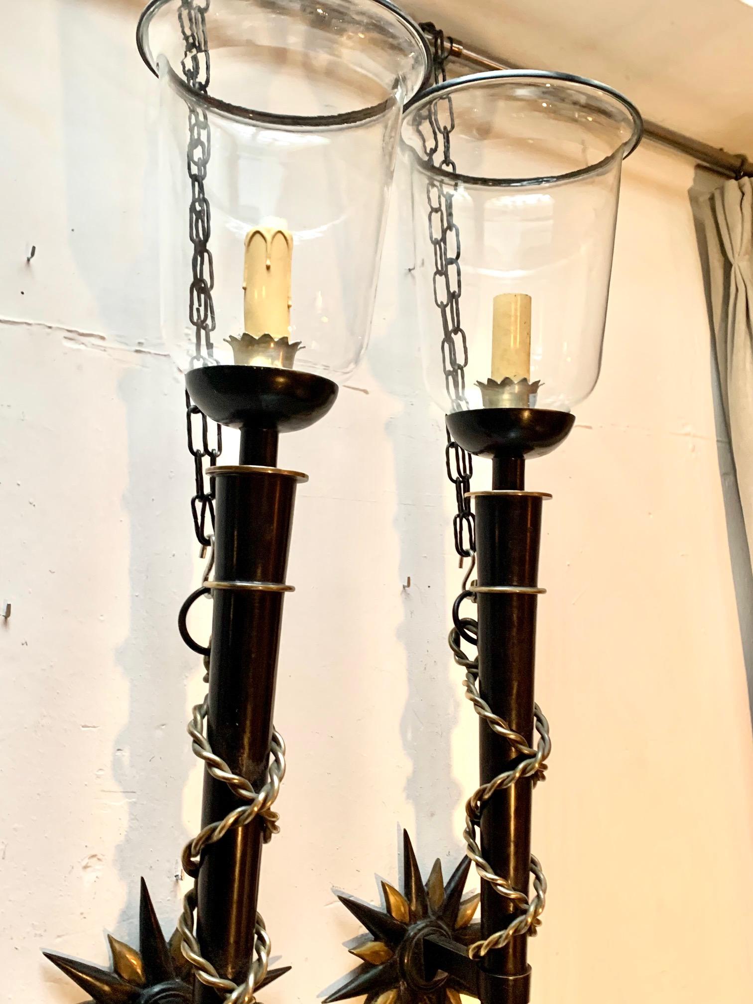 Pair Wrought Iron and Brass Toorchere Wall Sconces 1950 Gilbert Poillerat Style For Sale 13