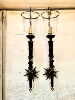 Pair Wrought Iron and Brass Toorchere Wall Sconces 1950 Gilbert Poillerat Style