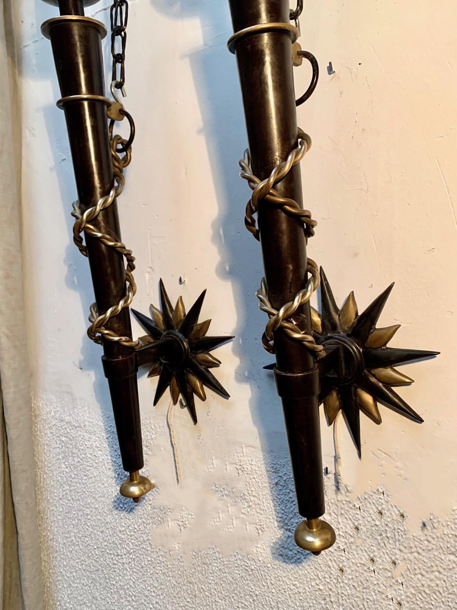 French Pair Wrought Iron and Brass Toorchere Wall Sconces 1950 Gilbert Poillerat Style For Sale
