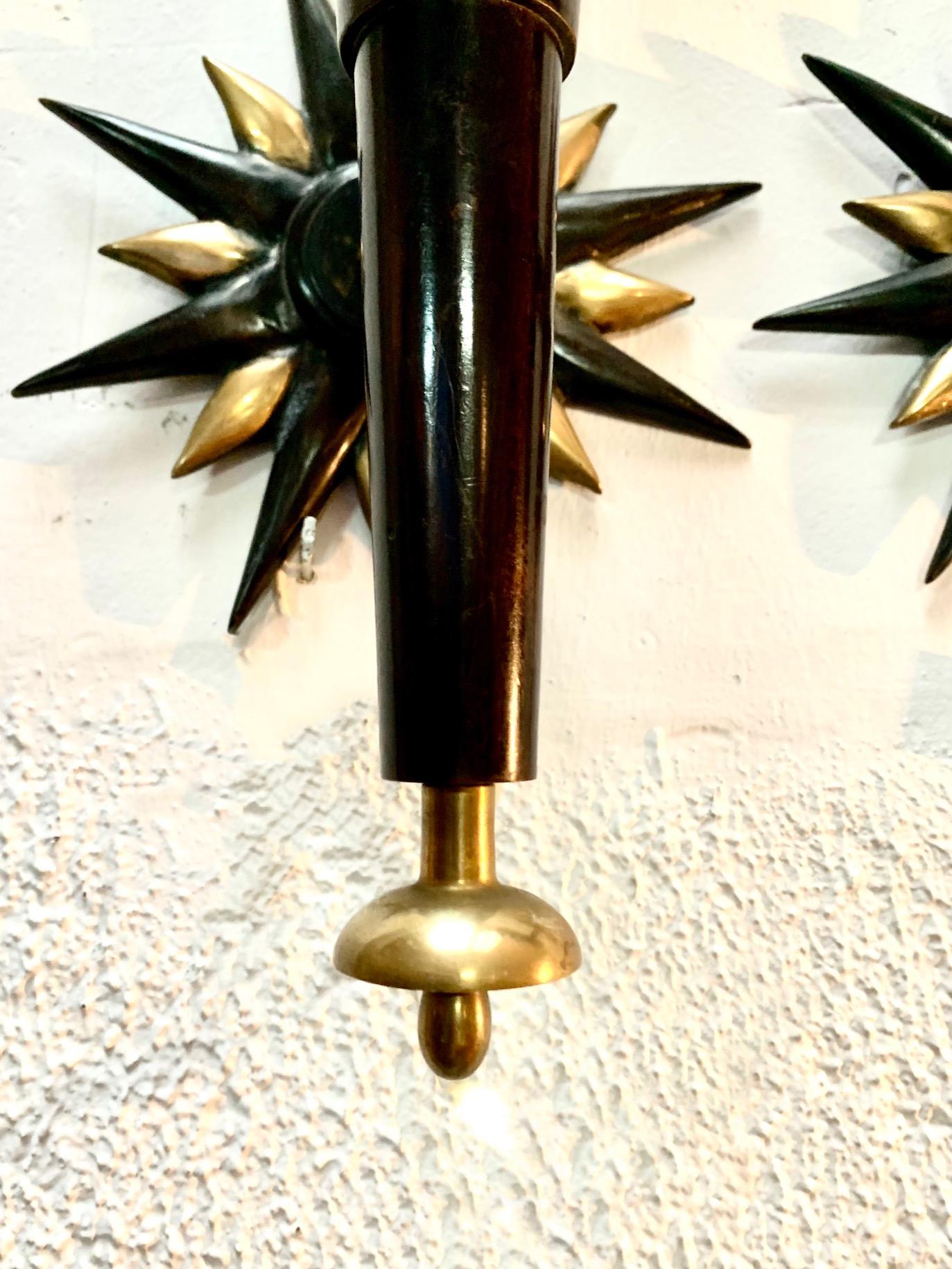 Pair Wrought Iron and Brass Toorchere Wall Sconces 1950 Gilbert Poillerat Style In Excellent Condition For Sale In Madrid, ES