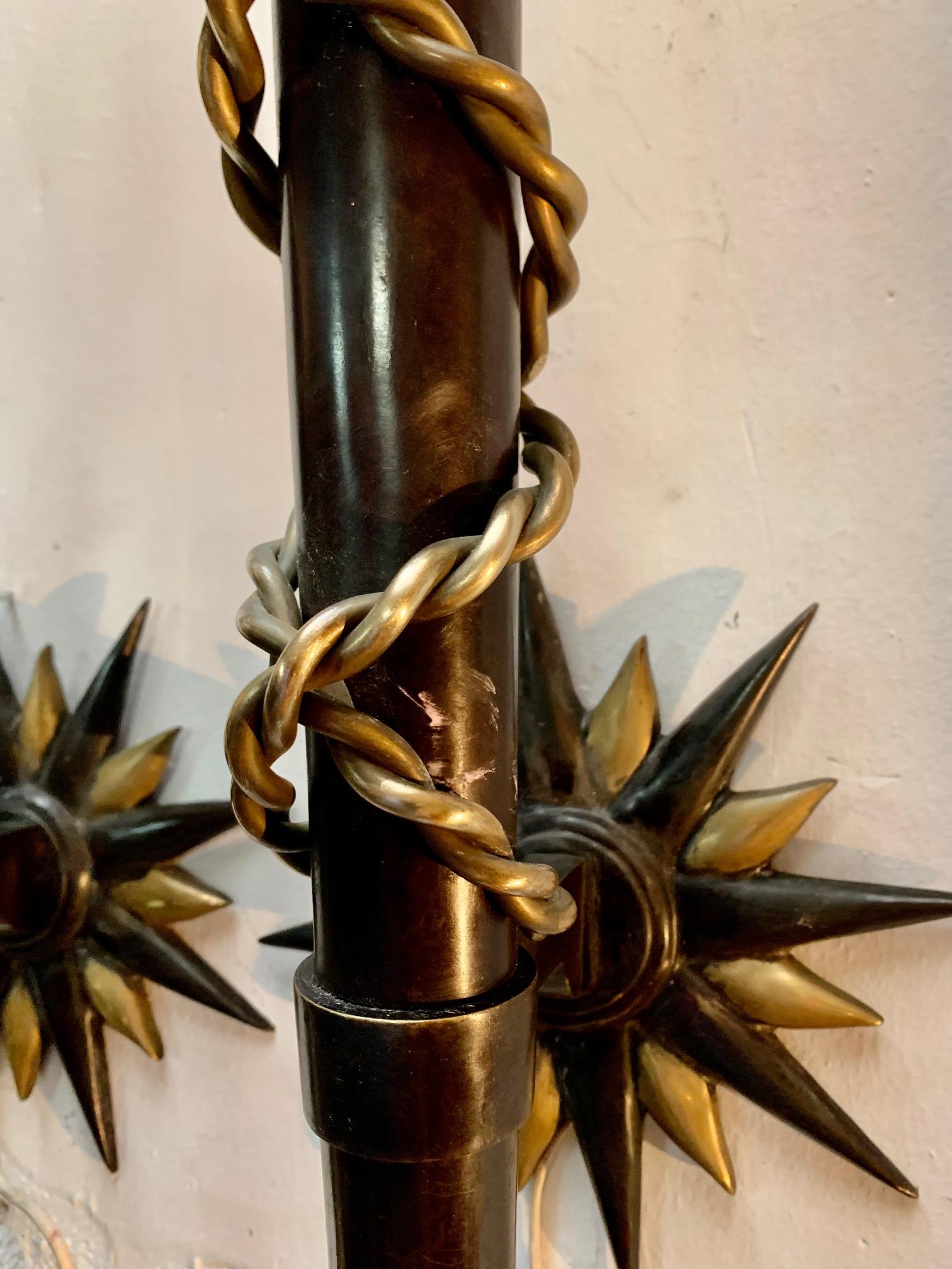 20th Century Pair Wrought Iron and Brass Toorchere Wall Sconces 1950 Gilbert Poillerat Style For Sale
