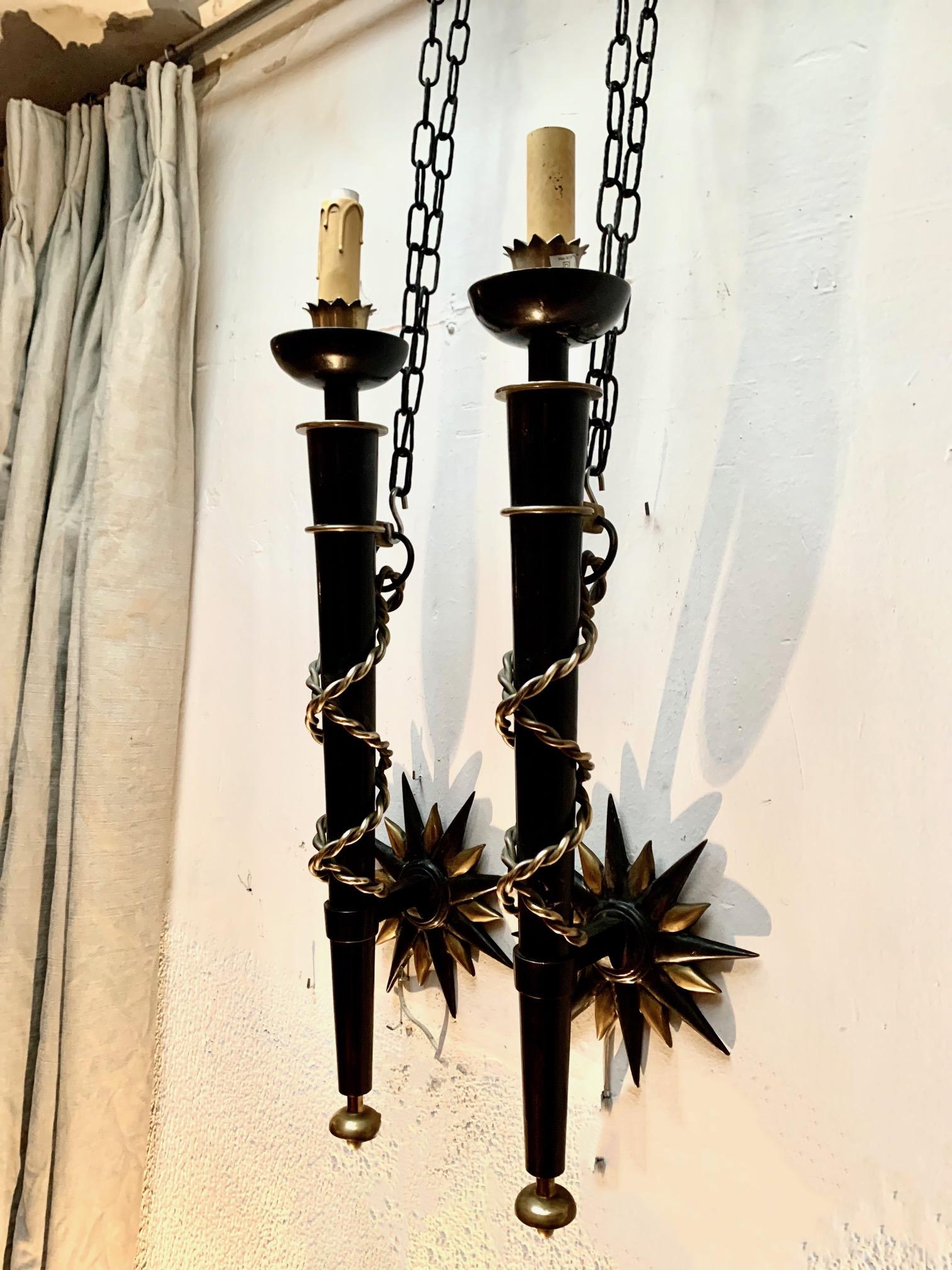 Pair Wrought Iron and Brass Toorchere Wall Sconces 1950 Gilbert Poillerat Style For Sale 1