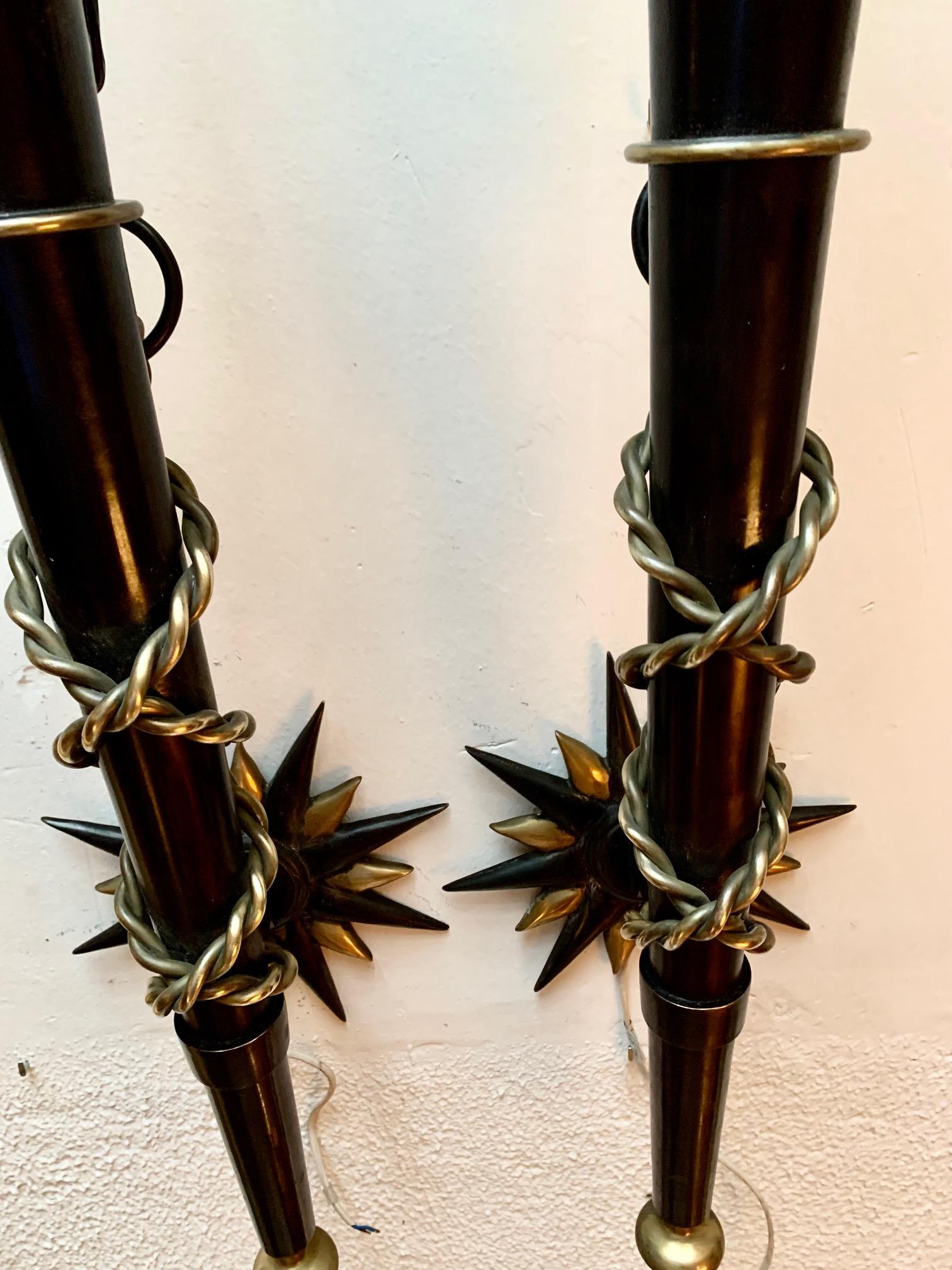 Pair Wrought Iron and Brass Toorchere Wall Sconces 1950 Gilbert Poillerat Style For Sale 2