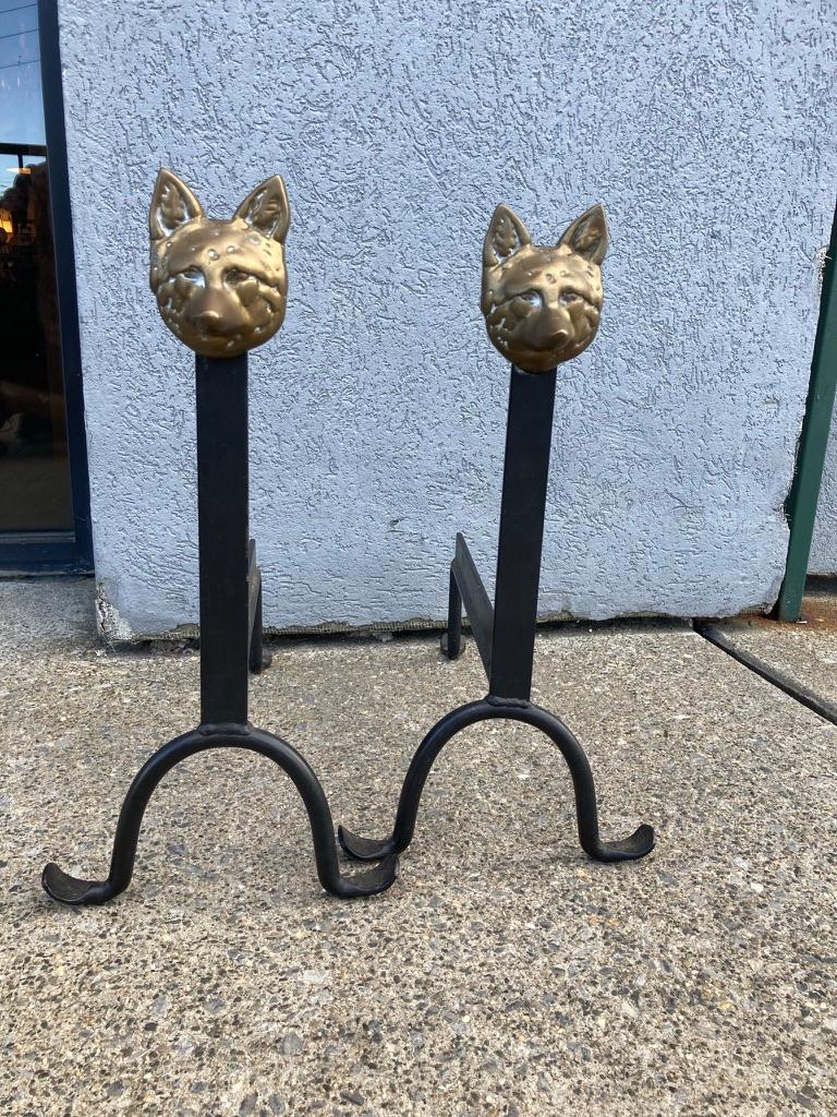 Pair Wrought Iron and Bronze Fox Head Andirons 5