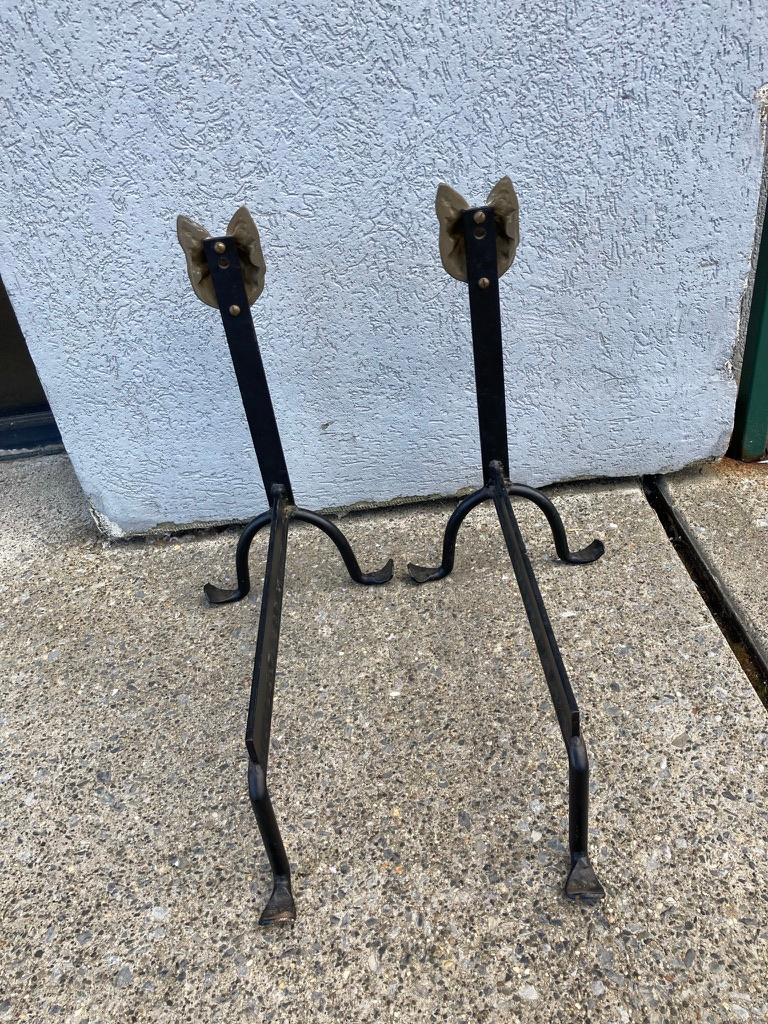 Pair Wrought Iron and Bronze Fox Head Andirons 11