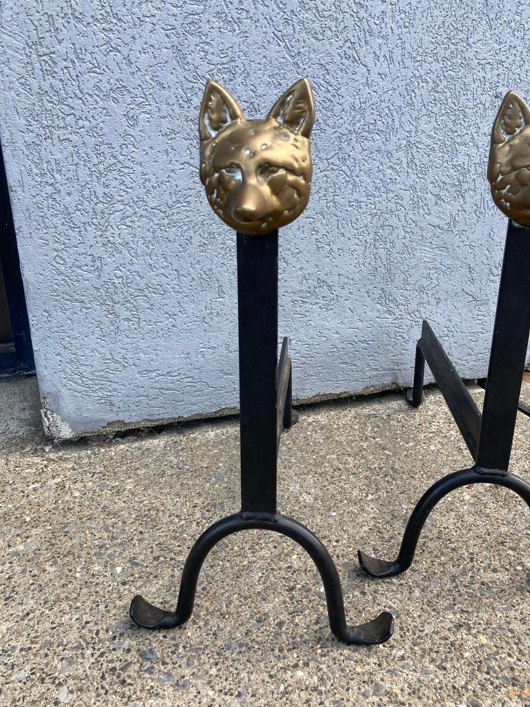 Art Deco Pair Wrought Iron and Bronze Fox Head Andirons