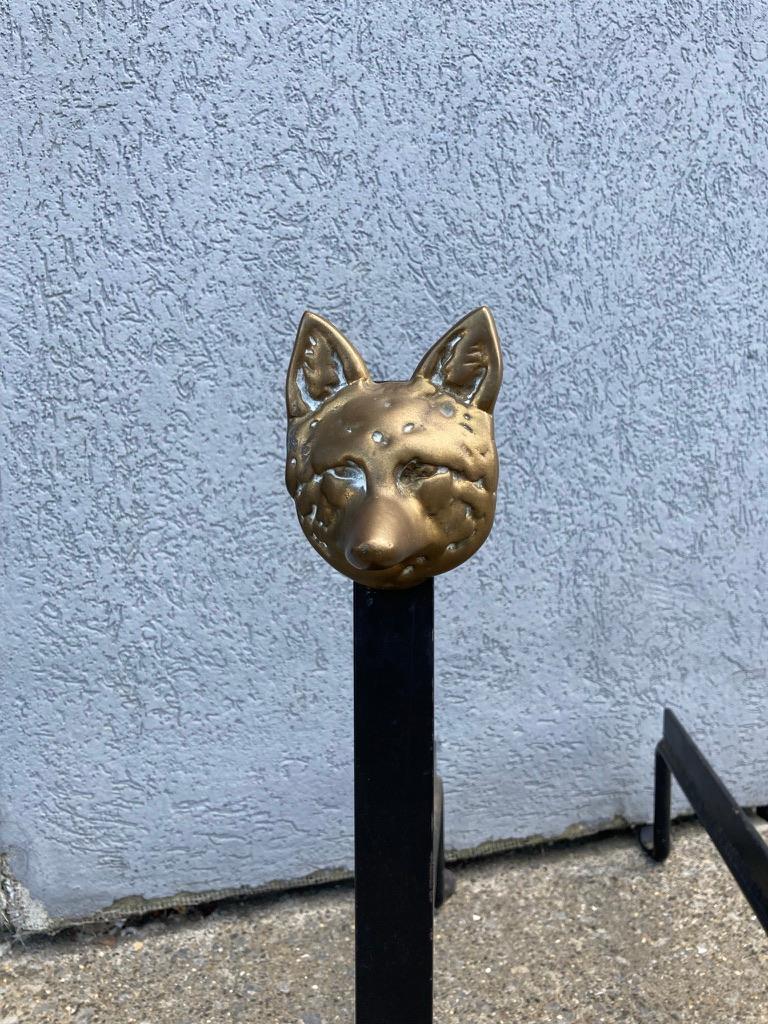 English Pair Wrought Iron and Bronze Fox Head Andirons