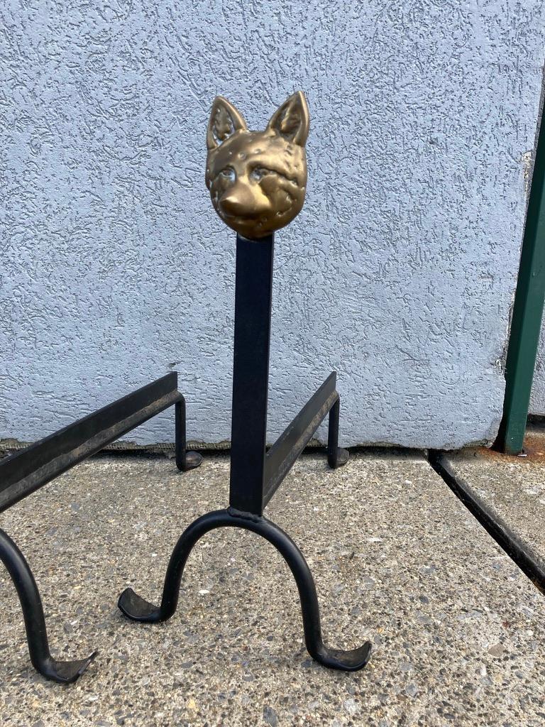 Cast Pair Wrought Iron and Bronze Fox Head Andirons