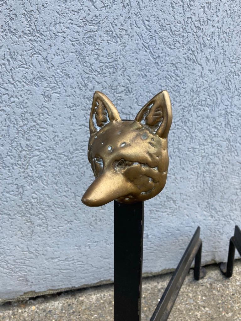 Pair Wrought Iron and Bronze Fox Head Andirons In Good Condition In Stamford, CT