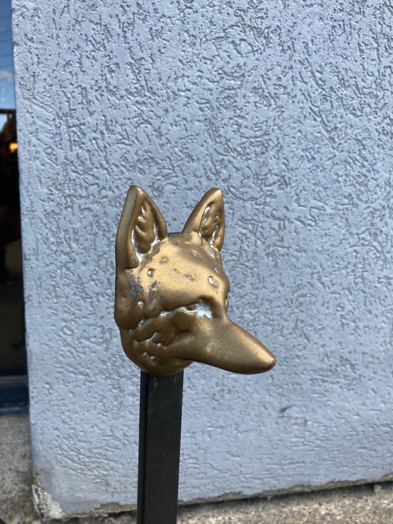 20th Century Pair Wrought Iron and Bronze Fox Head Andirons