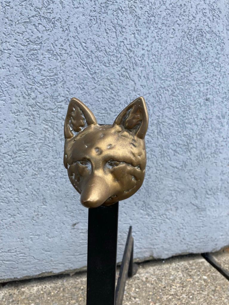 Pair Wrought Iron and Bronze Fox Head Andirons 2