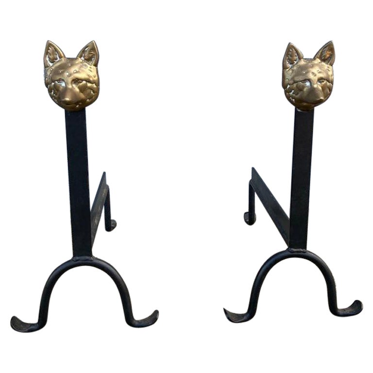Pair Wrought Iron and Bronze Fox Head Andirons