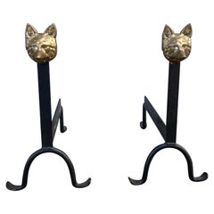 Pair Wrought Iron and Bronze Fox Head Andirons