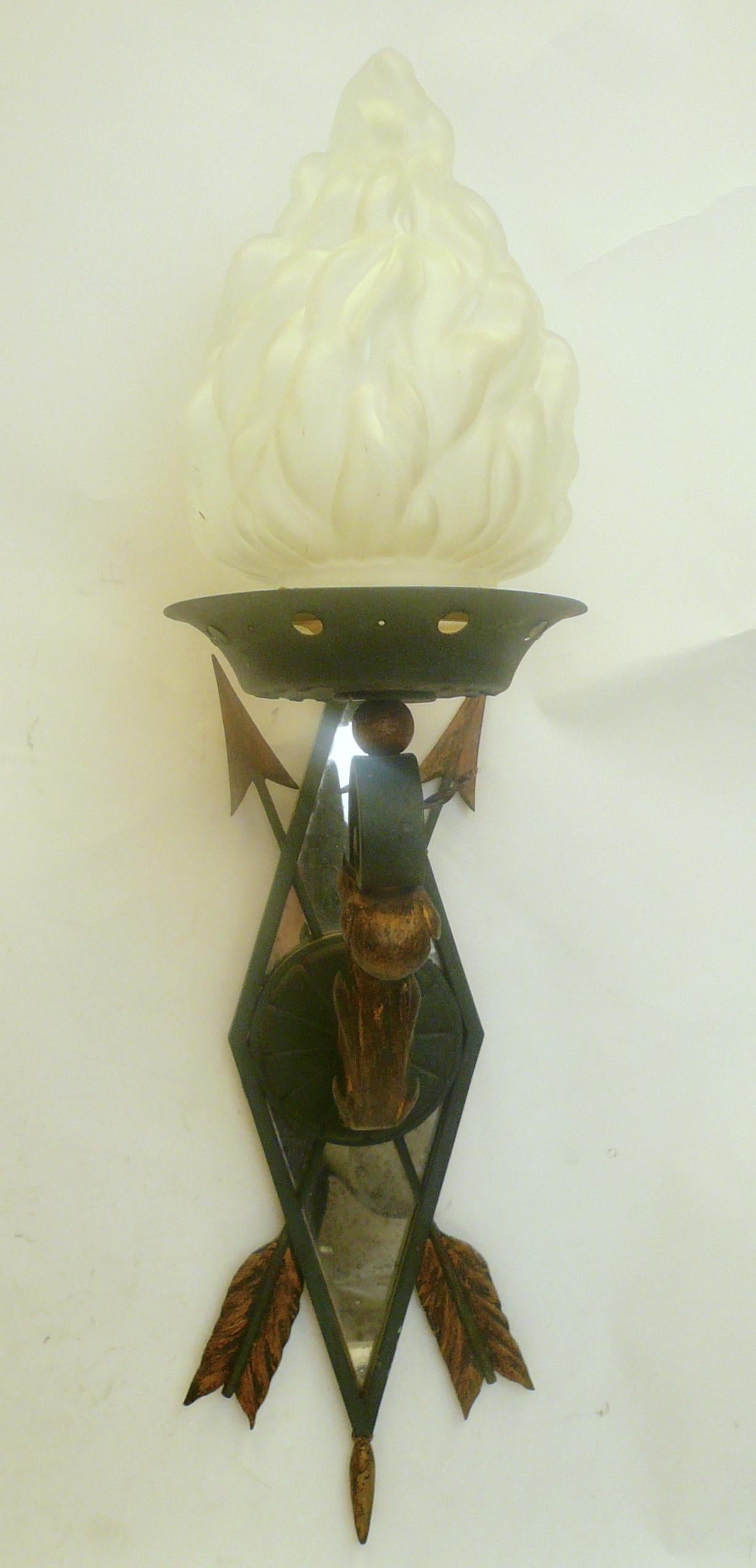 Hollywood Regency Pair of Wrought Iron and Mirrored Wall Mounted Lantern Sconces For Sale