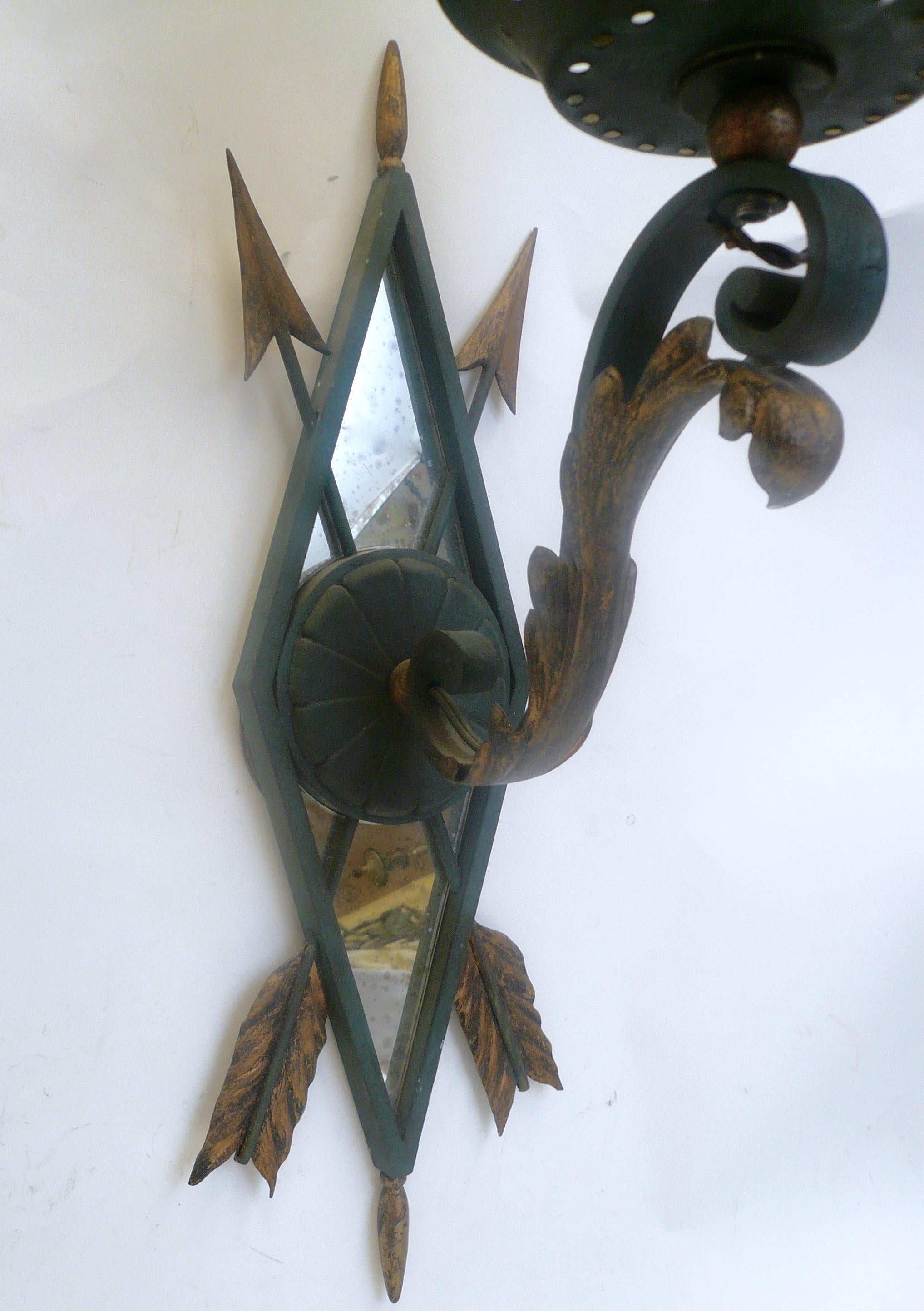 American Pair of Wrought Iron and Mirrored Wall Mounted Lantern Sconces For Sale