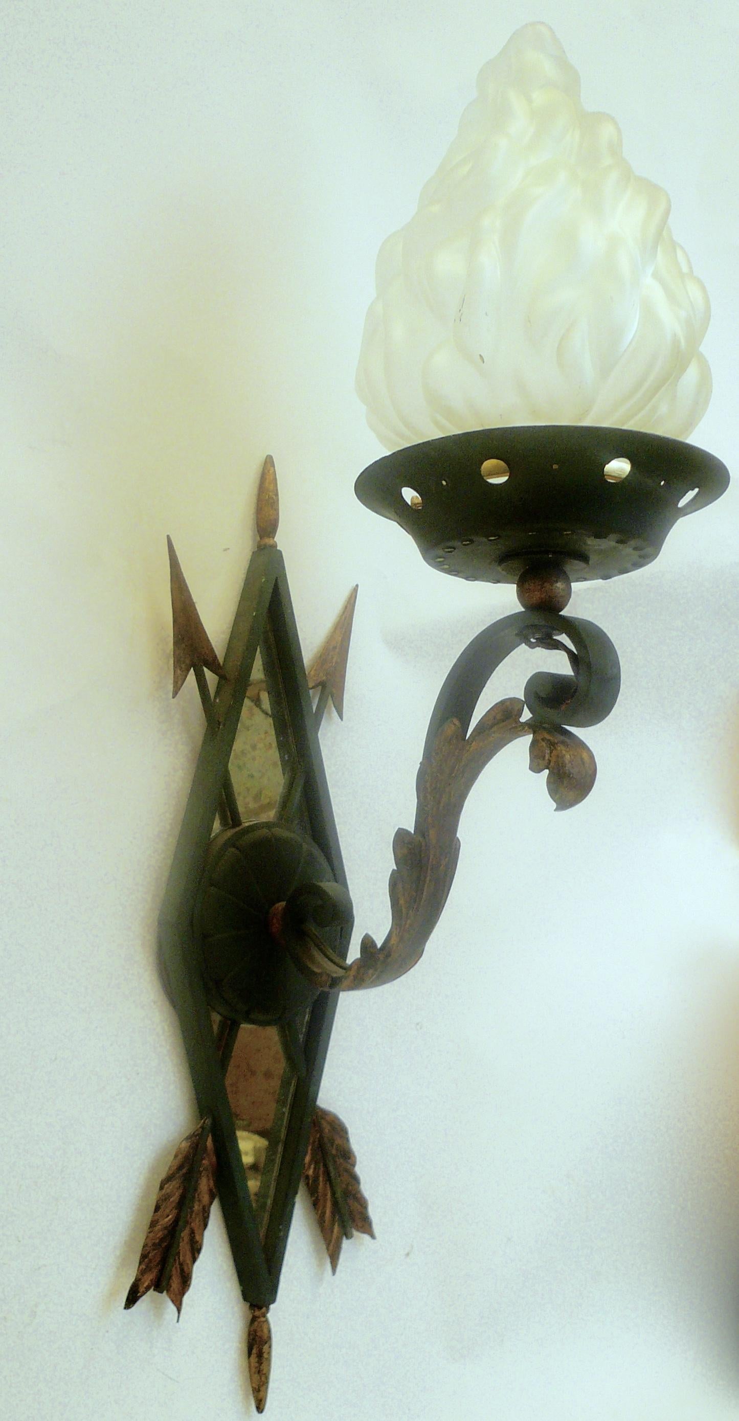 Pair of Wrought Iron and Mirrored Wall Mounted Lantern Sconces In Good Condition For Sale In Pittsburgh, PA
