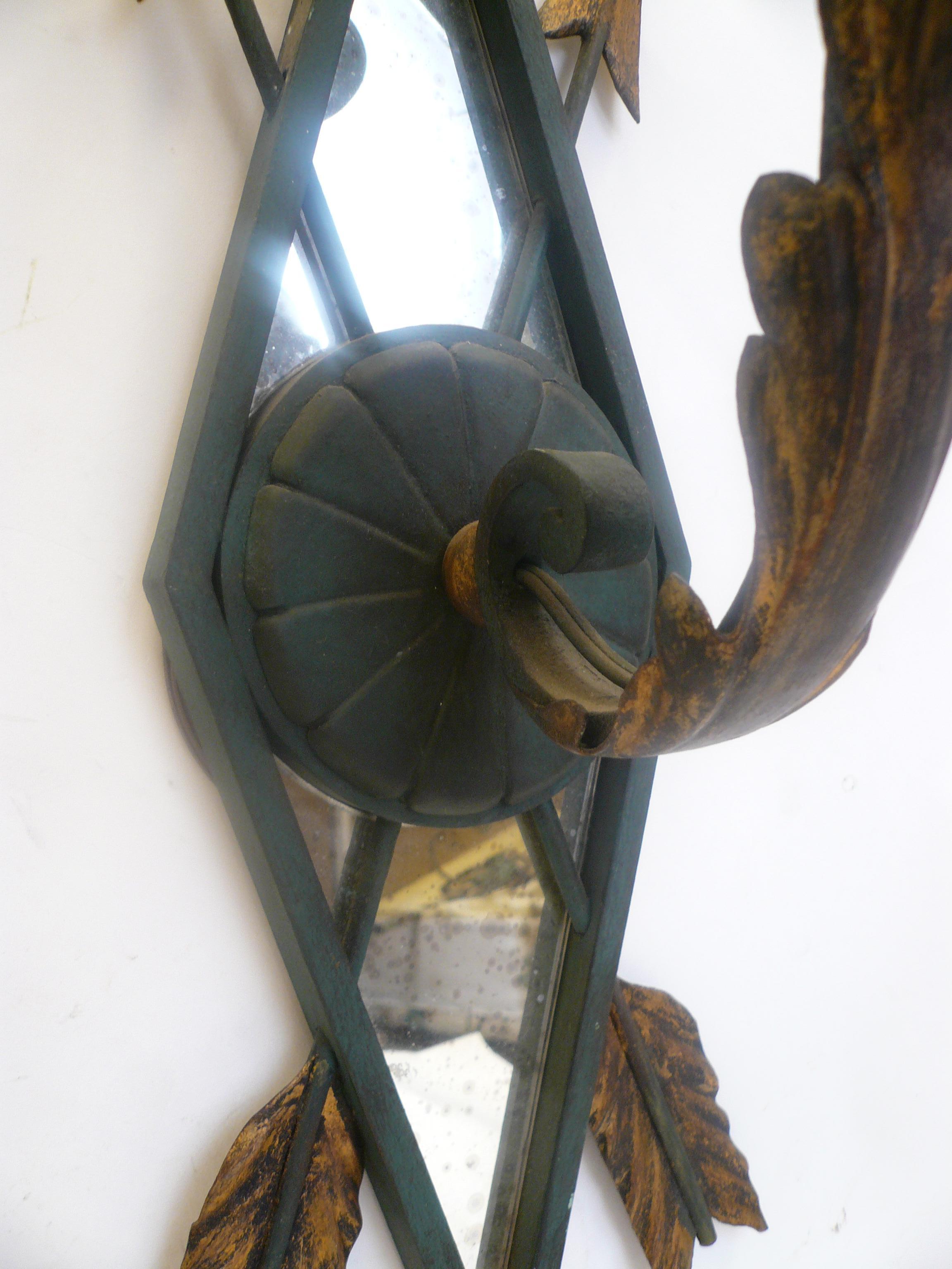 Pair of Wrought Iron and Mirrored Wall Mounted Lantern Sconces For Sale 2