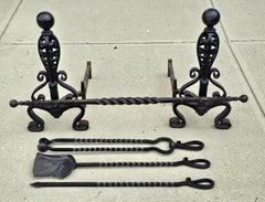 Pair  Wrought Iron Canonball Andirons and Set of Fireplace Tools