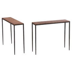 Pair wrought iron console tables in the manner of Jean-Michel Frank.